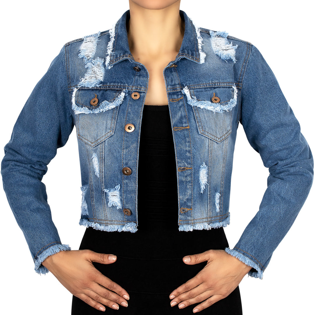 Chaqueta Denim Algodón Índigo Destroyed Corta BY DELUXE Chile