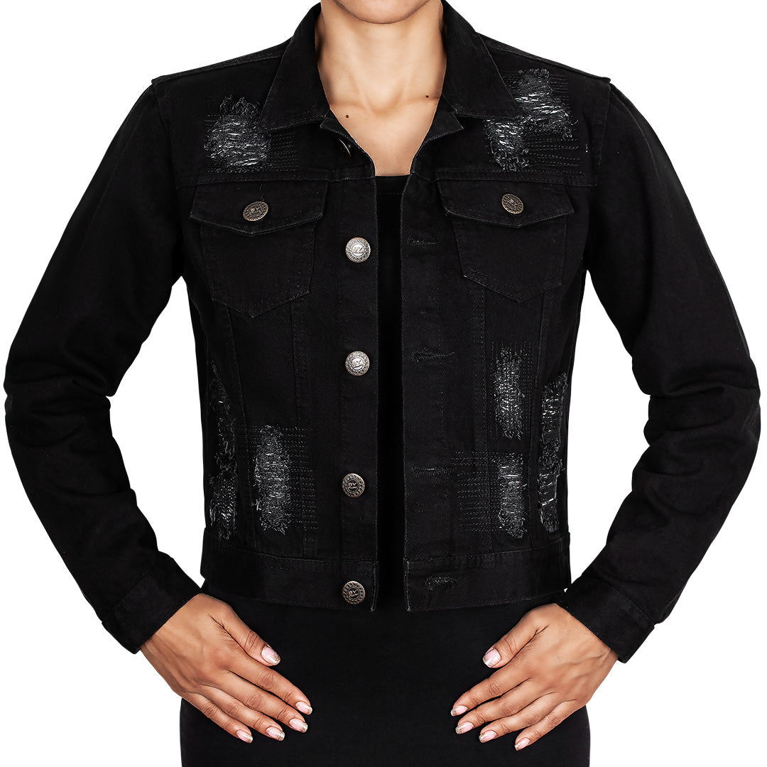 Chaqueta Denim Algodón Negra Destroyed Bordada BY DELUXE Chile