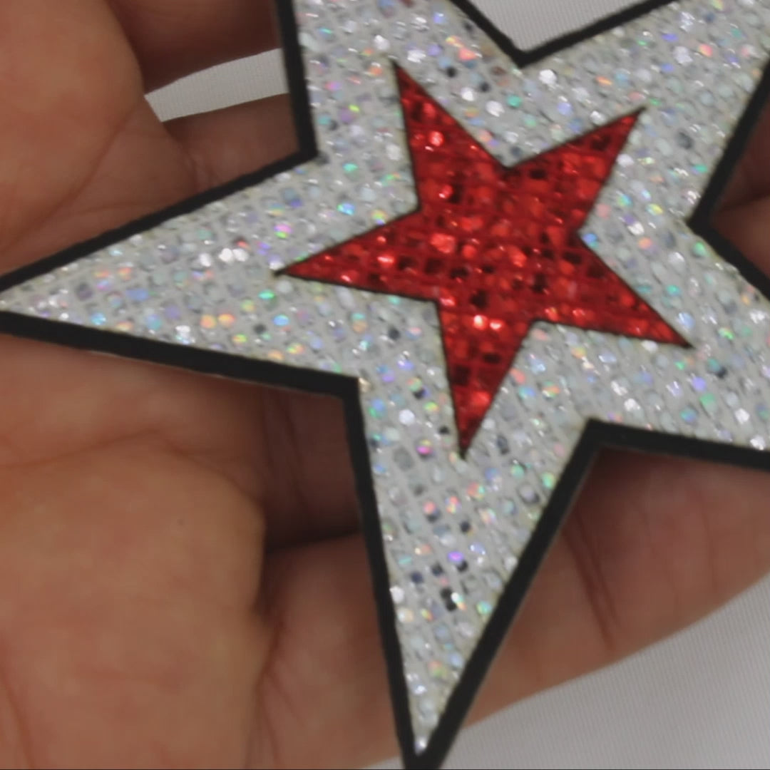 5 Unidades Parche Estrella Plateada Rojo Microlentejuelas BY DELUXE Chile